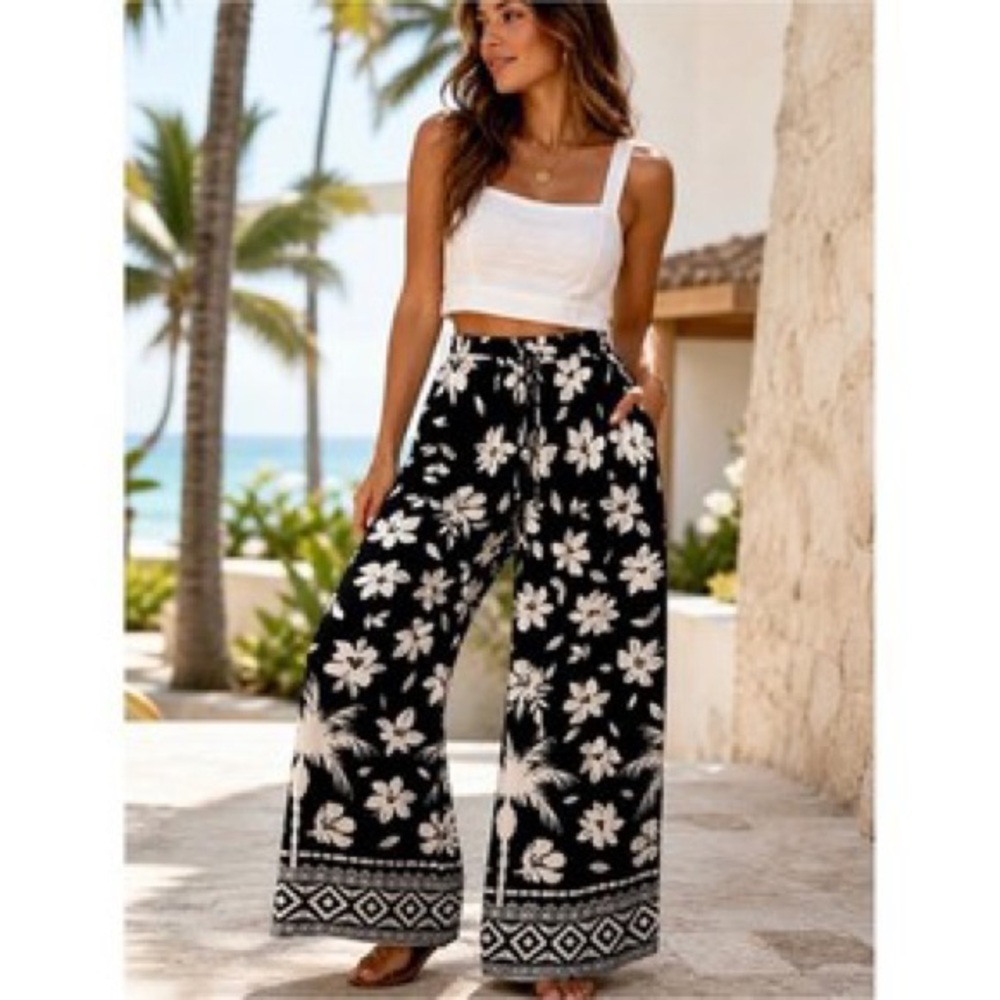 House of Harlow 1960 Floral Palm Print Wide-Leg Palazzo Pants Size S
